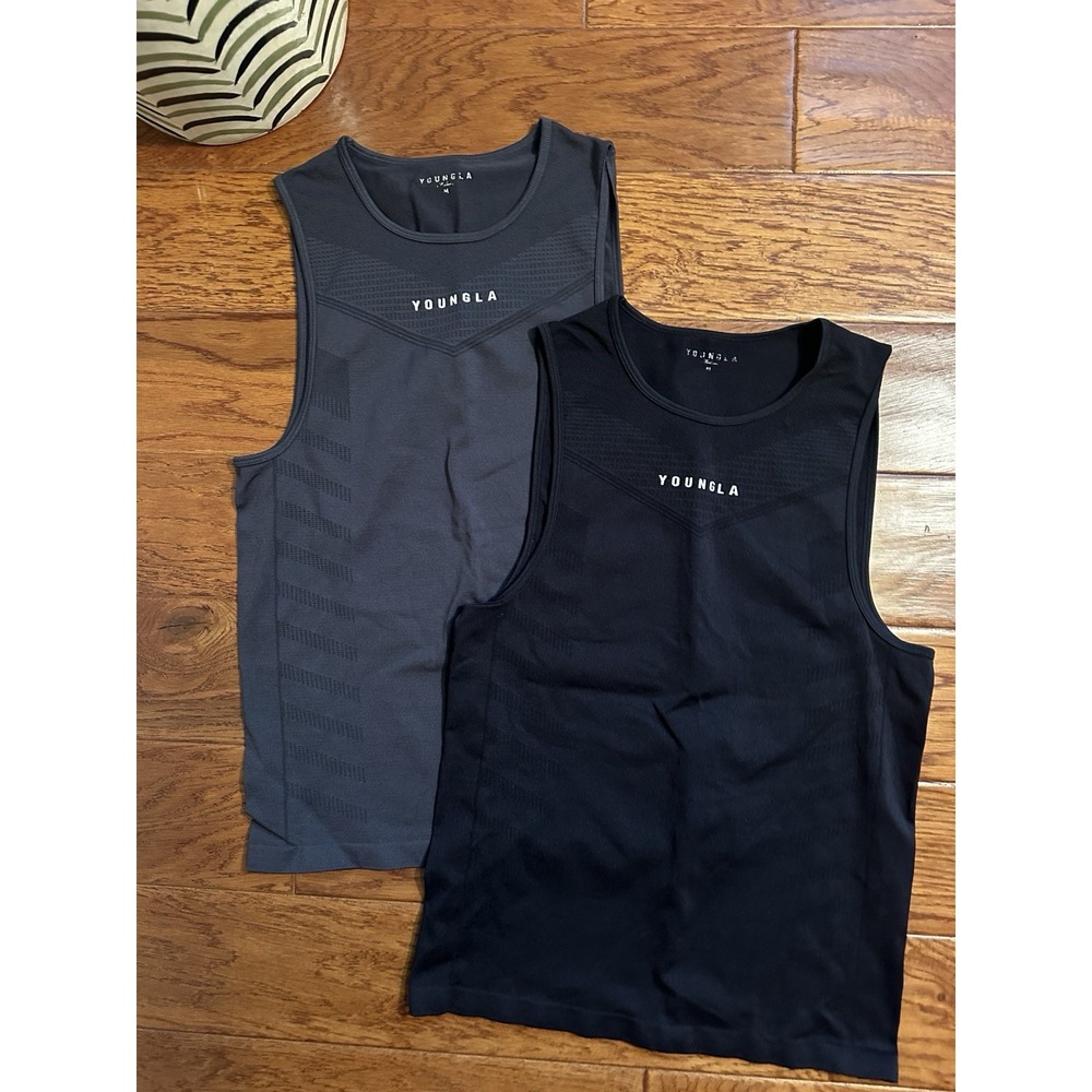 YoungLA Mens Size M Seamless Compression Tank Top Lot Of 2 Black Grey Gym